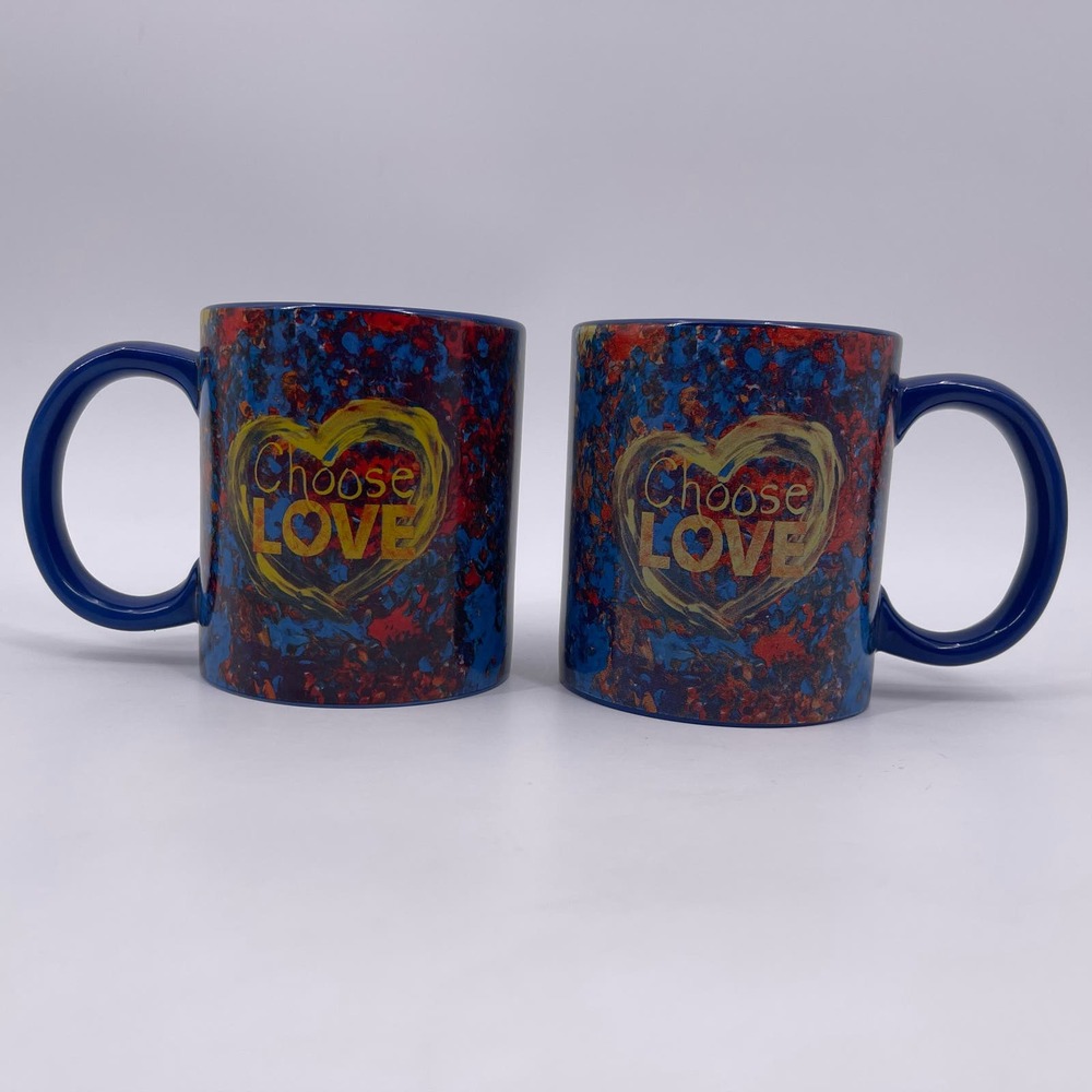 TWO Penzeys CHOOSE LOVE Coffee Mugs Set Purple Porcelain I Will Vote 11.3.20